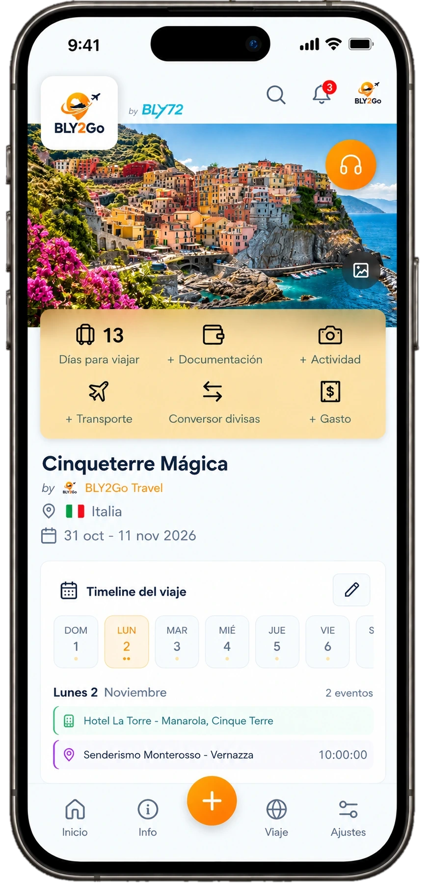 Mockup ilustrativo de la aplicación BLY2Go con el viaje Cinqueterre Mágica, en Manarola (Cinque Terre, Italia)